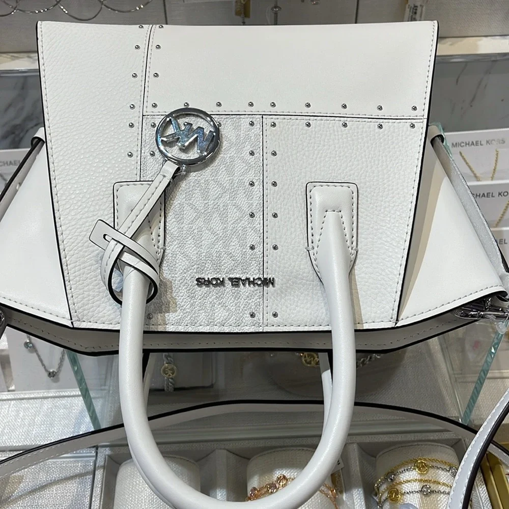 Michael Kors Avril Small Studded Patchwork and Signature Logo Satchel Crossbody - Picture 10 of 16